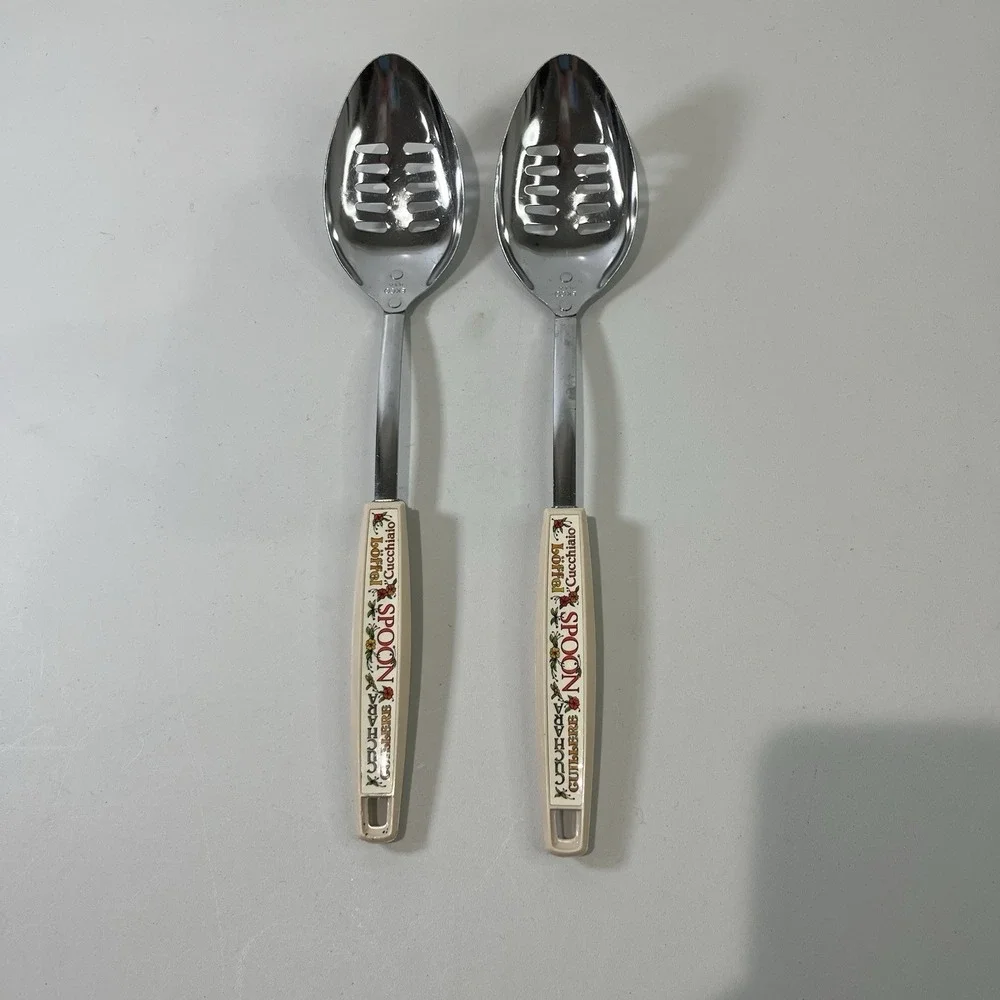 Vintage Ekco 1970's‎ Stainless Steel Long Slotted Spoons Lot 2 Floral SPOON